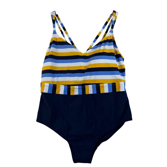 Kona Sol Womens 24 Striped Cross-Back Swimsuit Coastal Nautical Full Coverage - Picture 1 of 14
